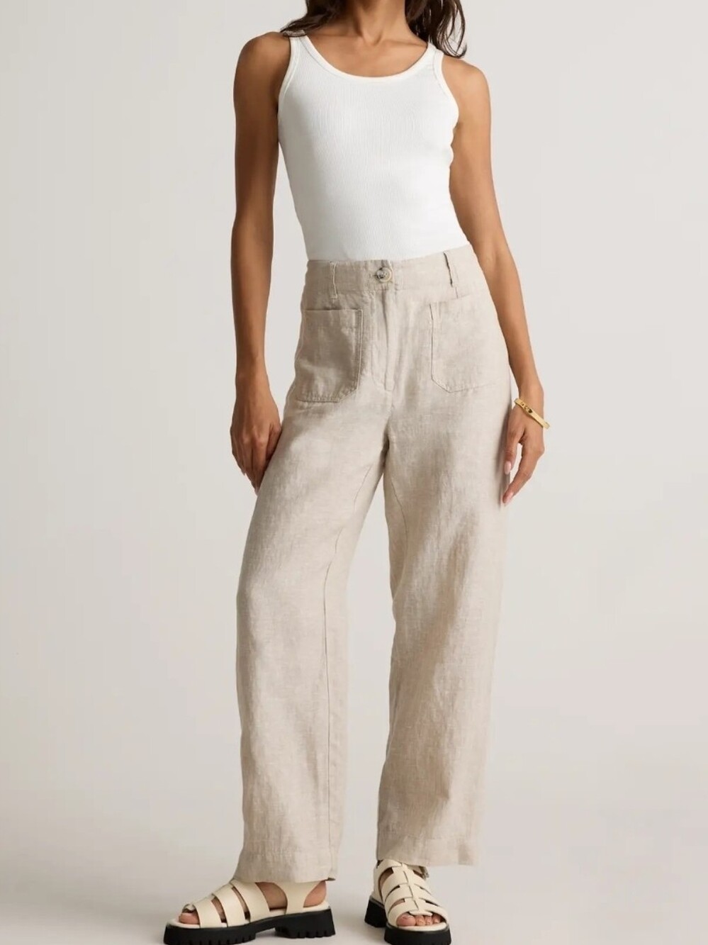 Quince Linen Wide Leg Patch Pocket Trouser Pant Womens 10 In Flax Beige 32x28
